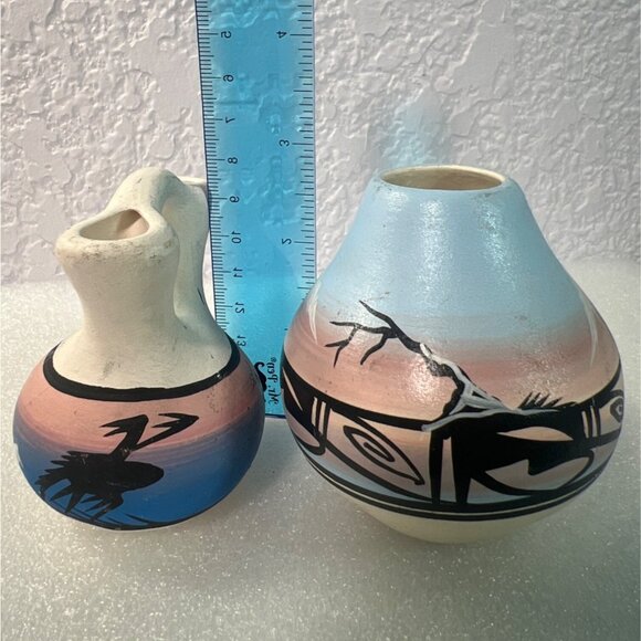 Native American Navajo Pottery Set Of 2 Vases Western Designs by Hathale & Dine - Picture 4 of 6